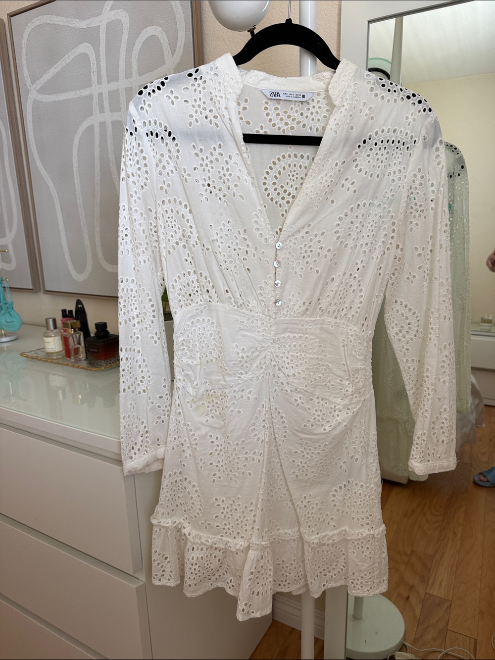 Zara White Eyelet V-Neck Mini Dress with Ruffle Hem